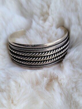 Vintage Heavy 54g Navajo Sterling Silver Rope Cuff Bracelet 1 1/8” Wide